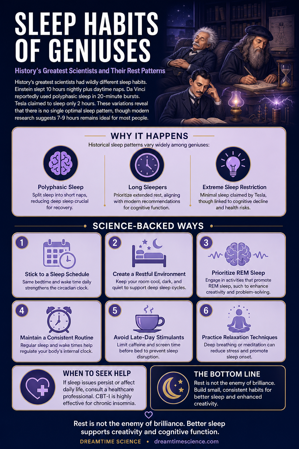Infographic summarising Famous Scientists’ Sleep Habits: Da Vinci, Einstein, and Others