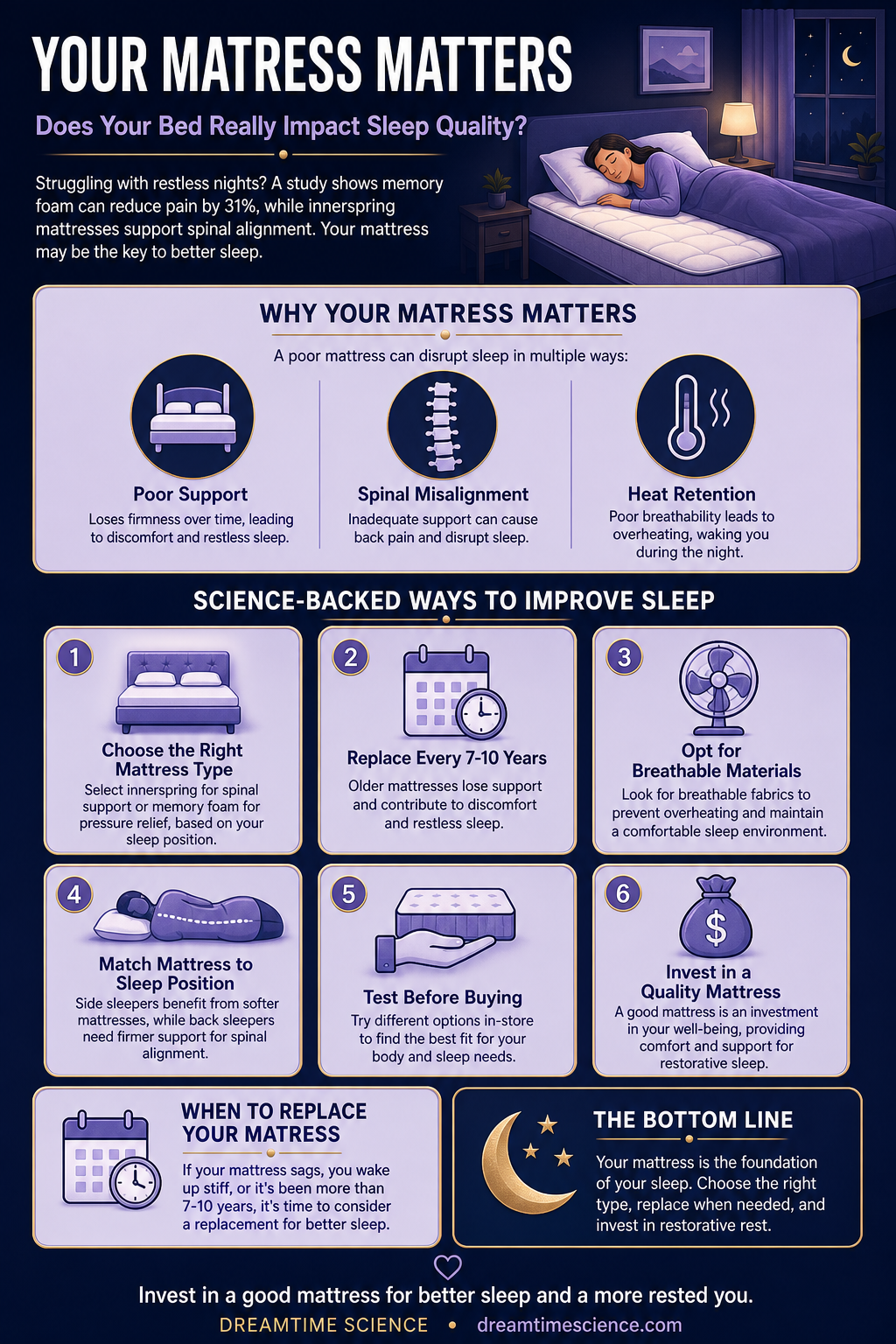 Pinterest-style infographic listing 6 science-backed techniques to improve sleep quality by choosing the right mattress and replacing it when needed.