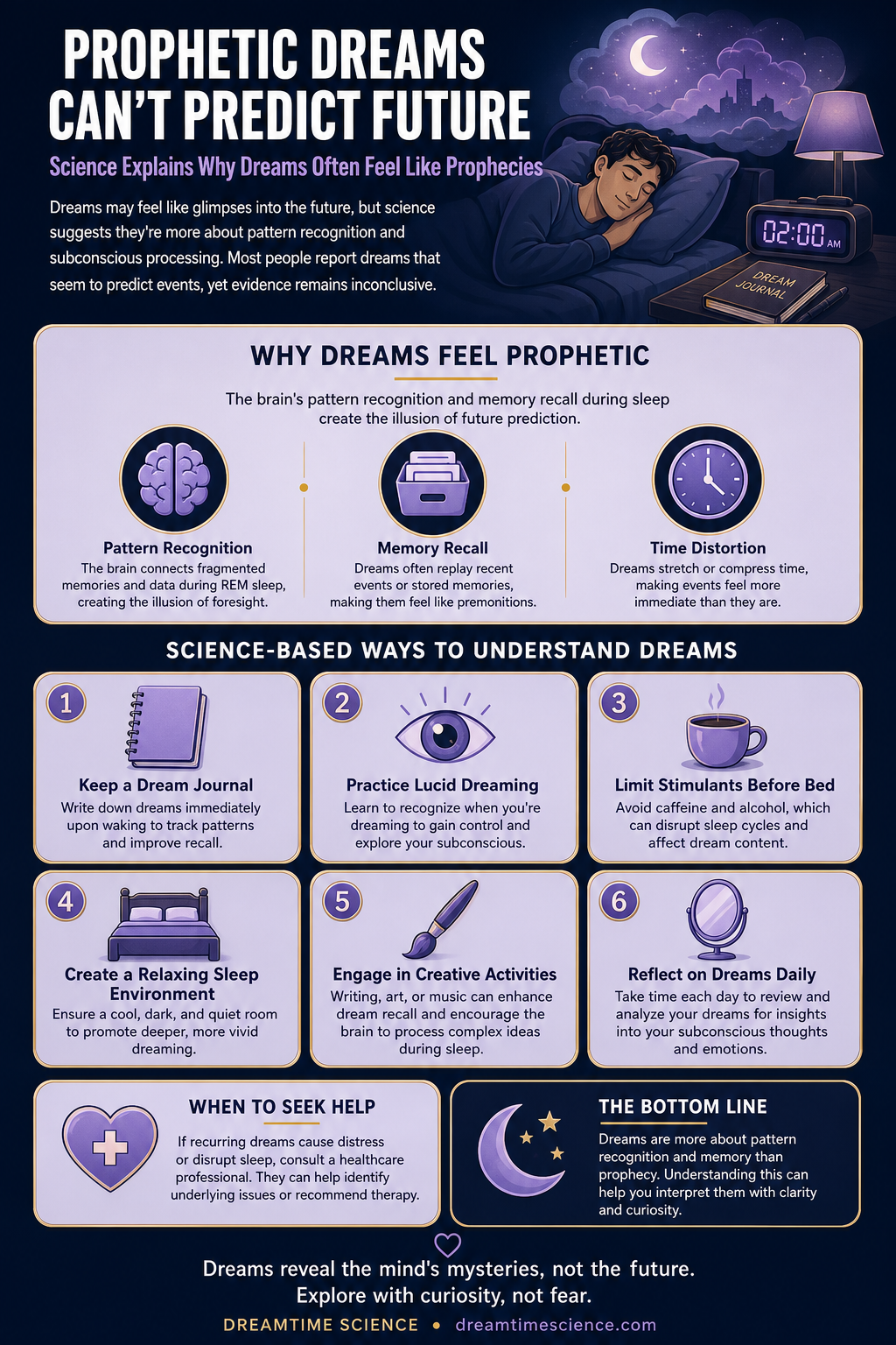 Pinterest-style infographic listing six science-based techniques to understand dreams, including keeping a dream journal, practicing lucid dreaming, and creating a relaxing sleep environment.