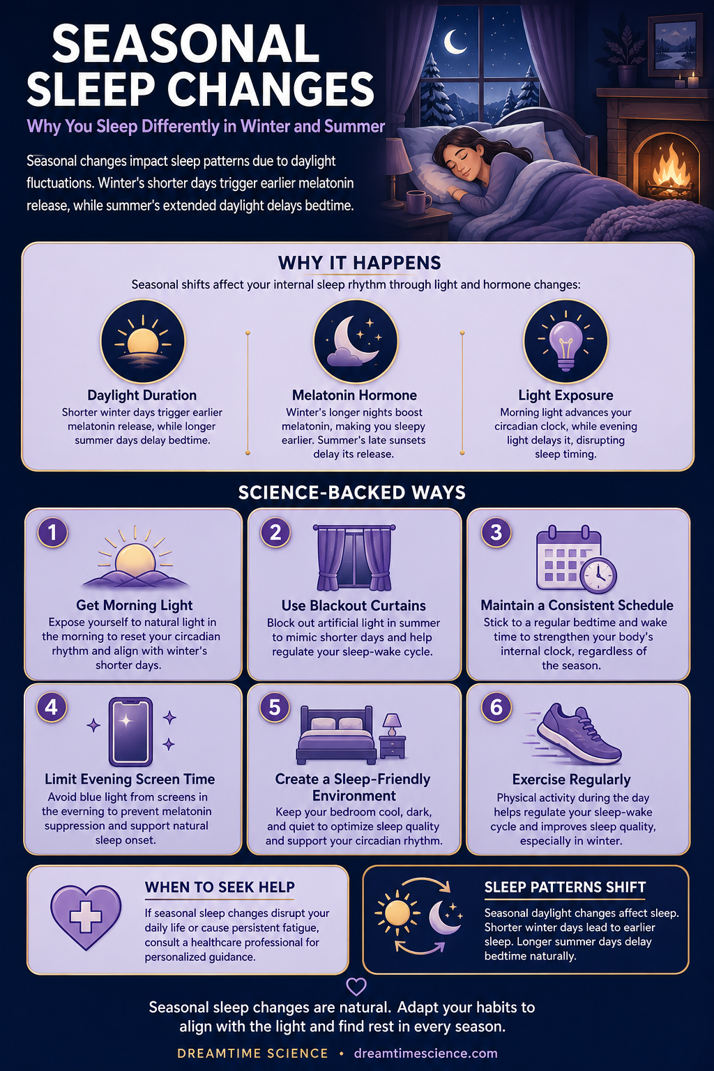 Pinterest-style infographic listing 6 science-backed techniques to adapt sleep to seasonal changes, including morning light exposure and blackout curtains.