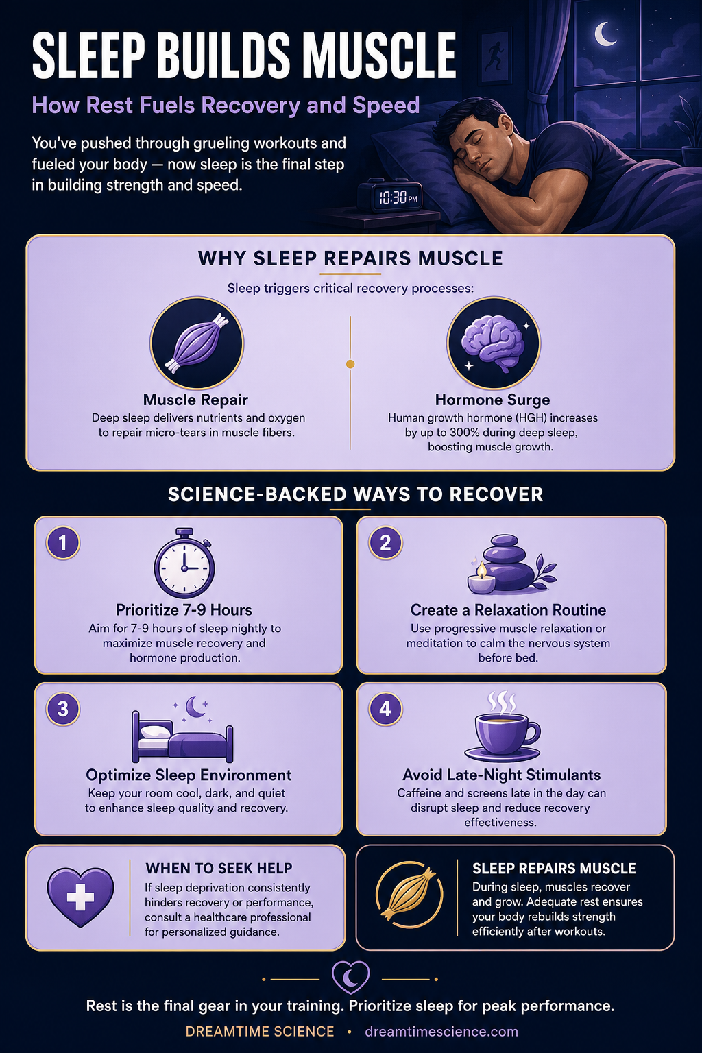Pinterest-style infographic listing 4 science-backed techniques to enhance muscle recovery and athletic performance through sleep.