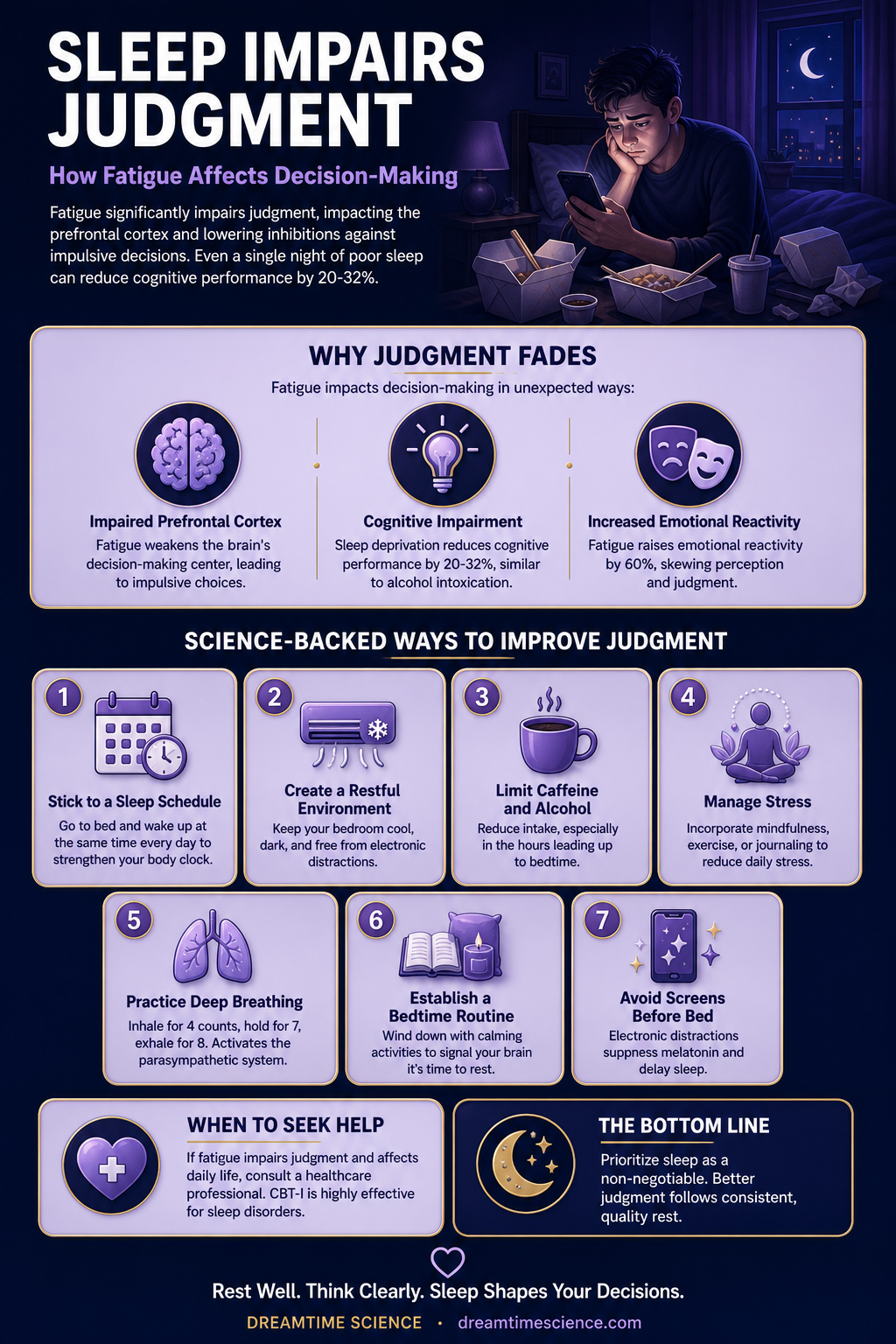 Pinterest-style infographic listing 7 science-backed techniques to improve judgment through sleep, including a consistent schedule, restful environment, and stress management.