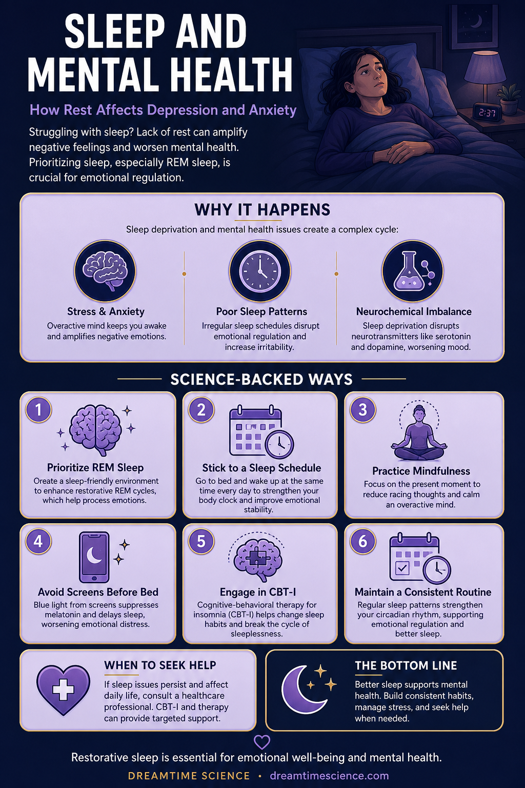 Pinterest-style infographic listing 6 science-backed techniques to improve sleep and mental health, including REM sleep prioritization, mindfulness, and CBT-I.
