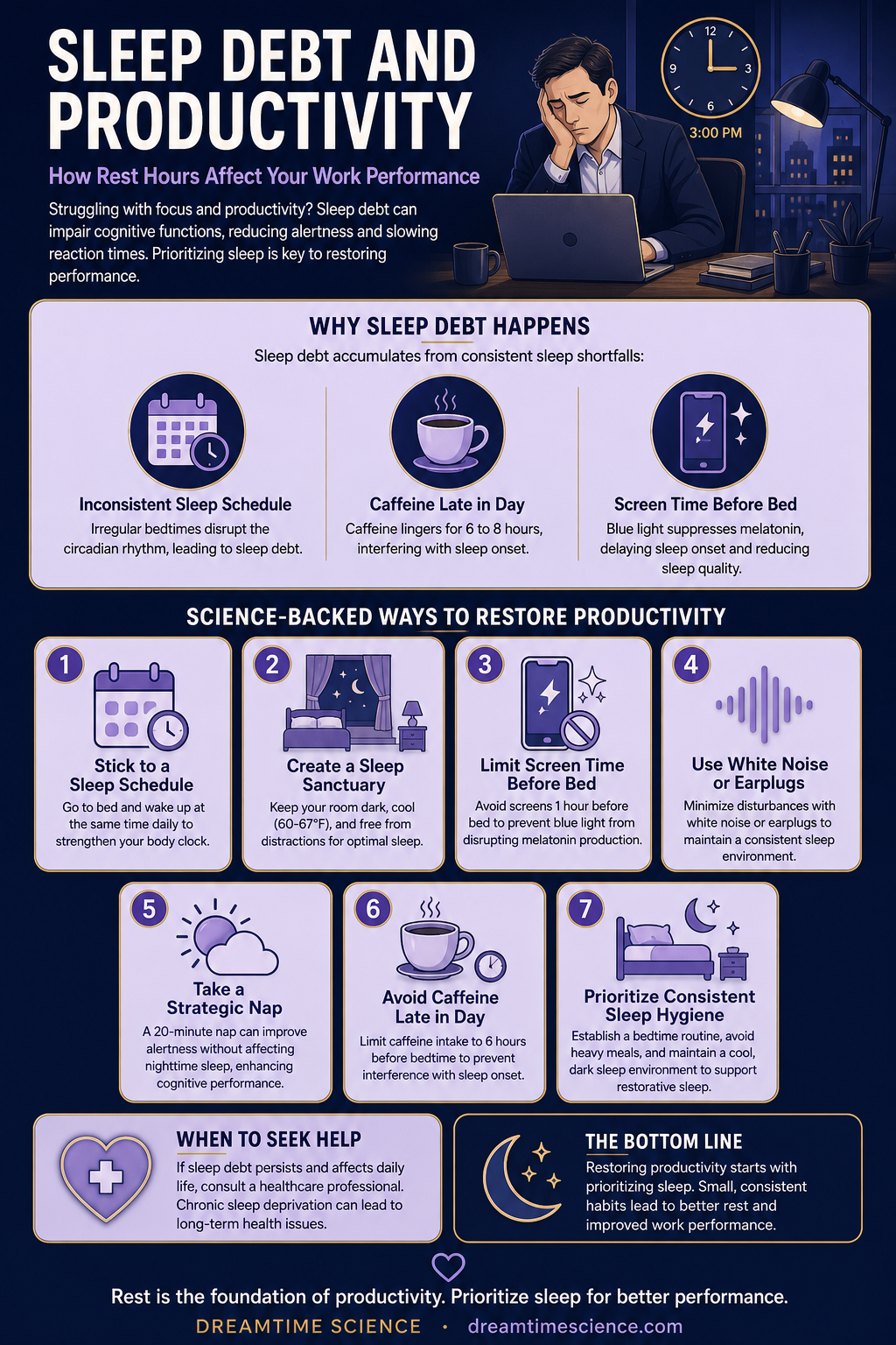 Pinterest-style infographic listing 7 science-backed techniques to manage sleep debt and improve work performance, including sleep schedules, sleep environments, and napping strategies.