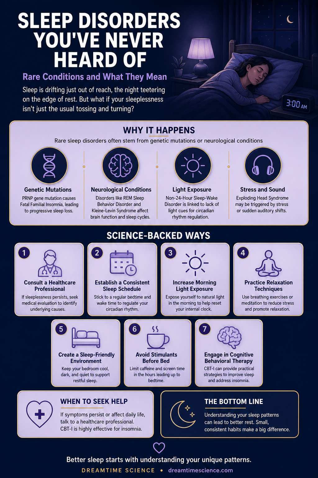 Pinterest-style infographic listing 7 science-backed techniques to manage rare sleep disorders, including consulting a professional, establishing a sleep schedule, and creating a sleep-friendly environment.