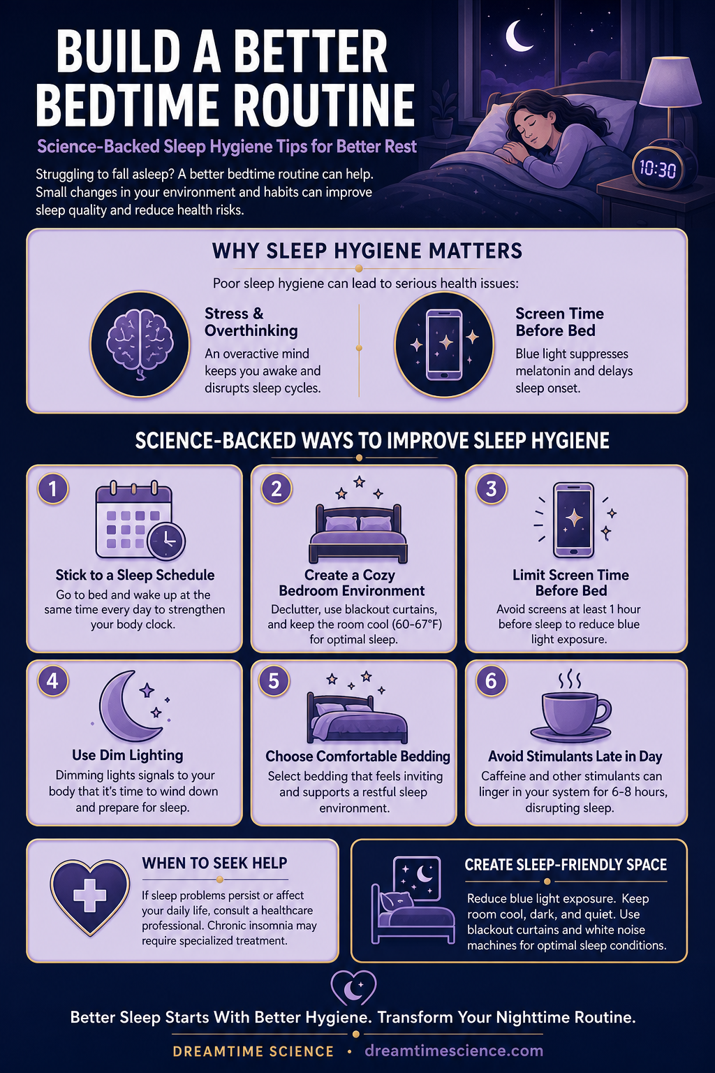 Pinterest-style infographic listing 6 science-backed techniques to improve sleep hygiene, including a consistent schedule, cool bedroom temperature, and reduced screen time.