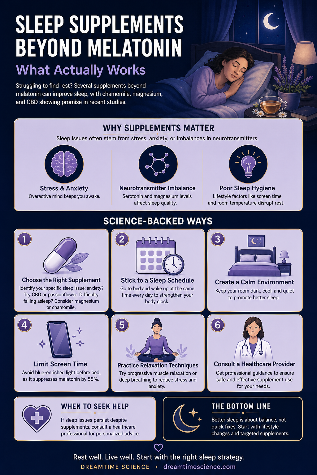 Pinterest-style infographic listing 6 science-backed techniques to improve sleep with supplements, including choosing the right supplement, creating a calm environment, and limiting screen time.