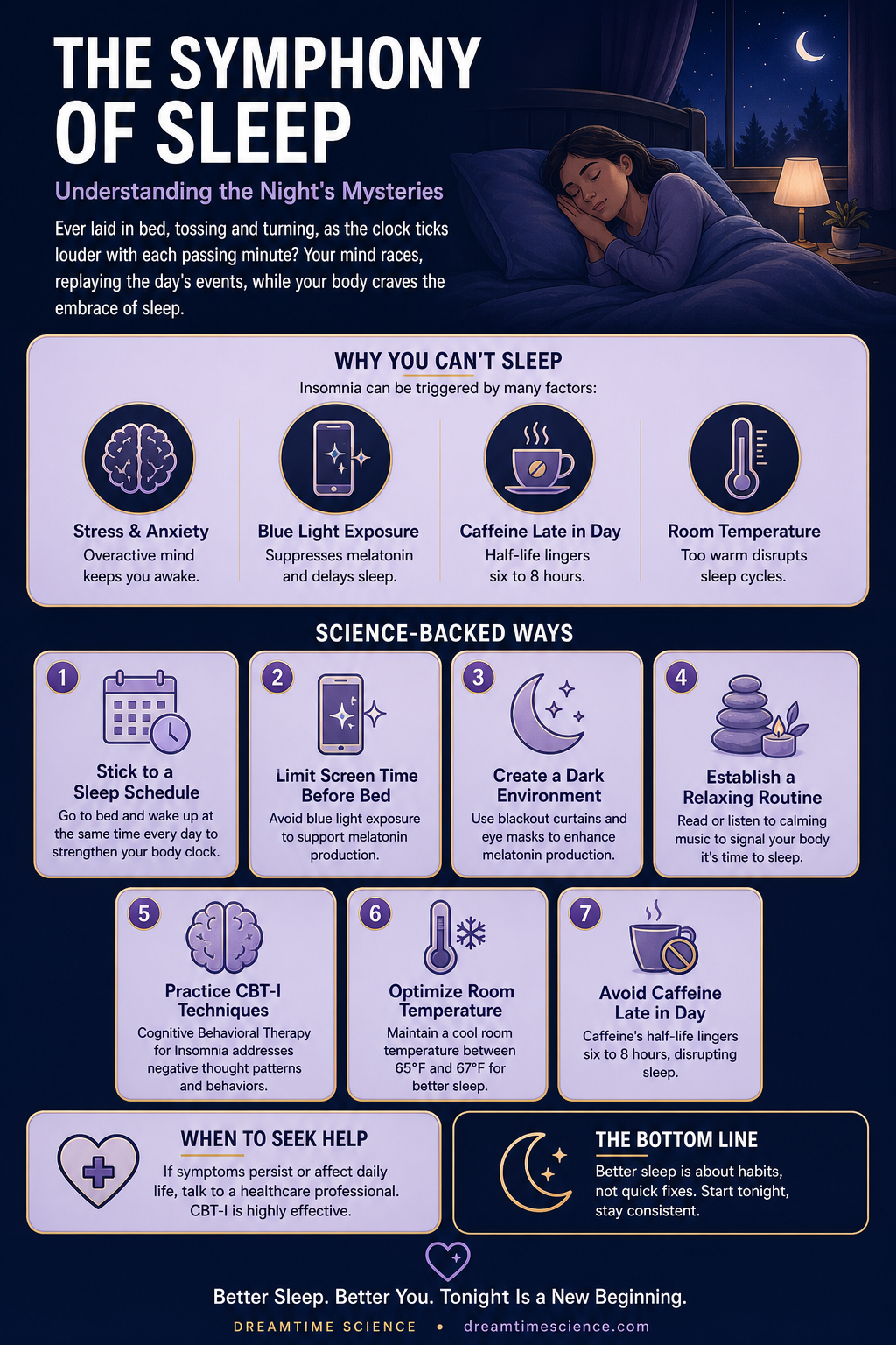 Pinterest-style infographic listing 7 science-backed techniques to improve sleep, including CBT-I, melatonin support, and a cool bedroom environment.