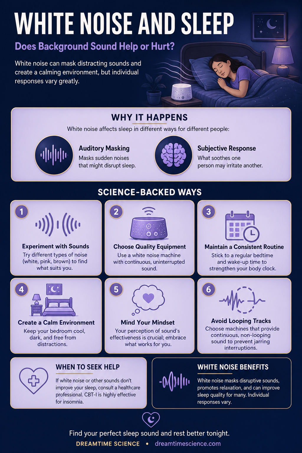 Pinterest-style infographic listing 6 science-backed techniques to improve sleep with background noise, including sound experimentation and consistent routines.
