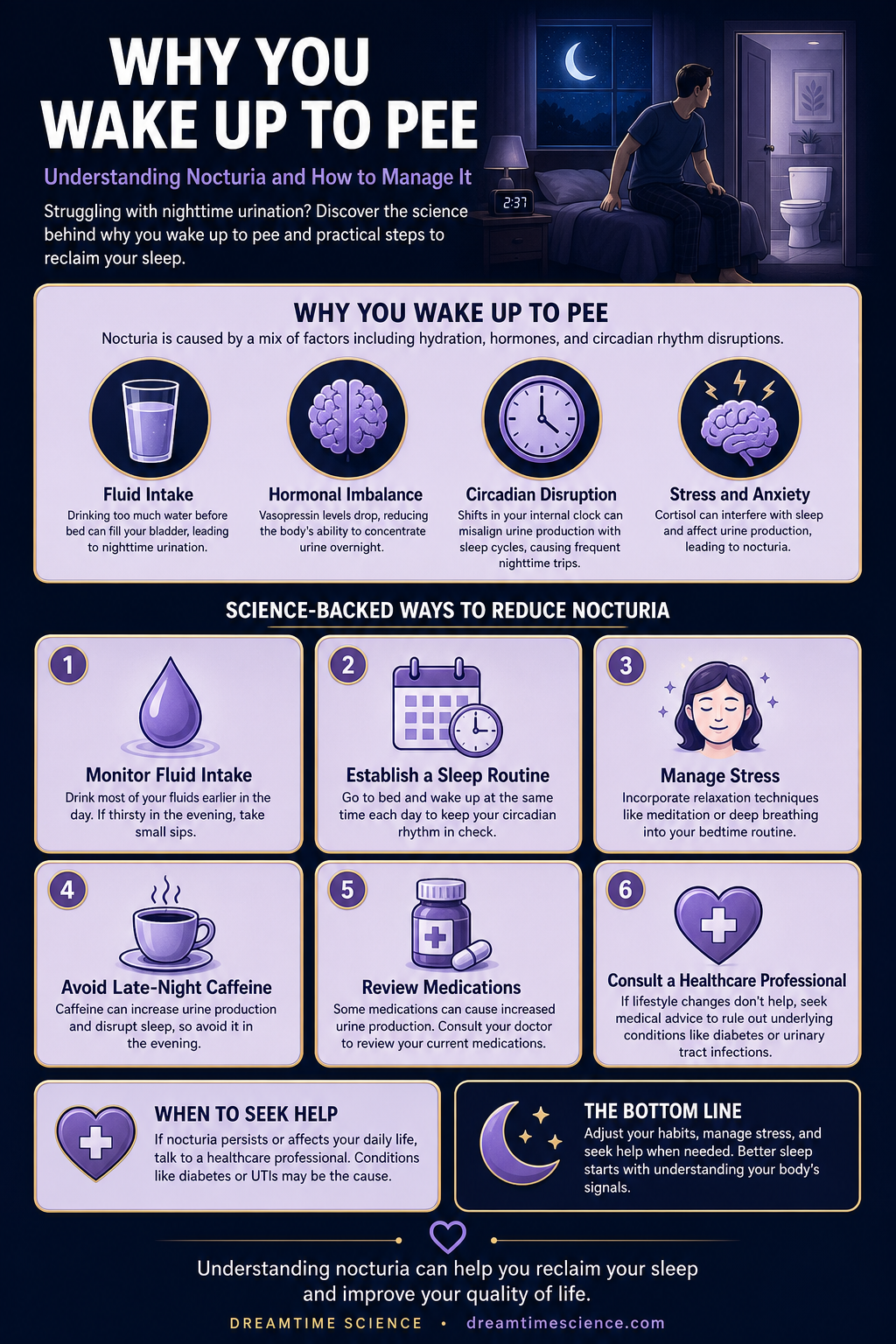 Pinterest-style infographic listing 6 science-backed techniques to reduce nocturia, including monitoring fluid intake, establishing a sleep routine, and consulting a healthcare professional.