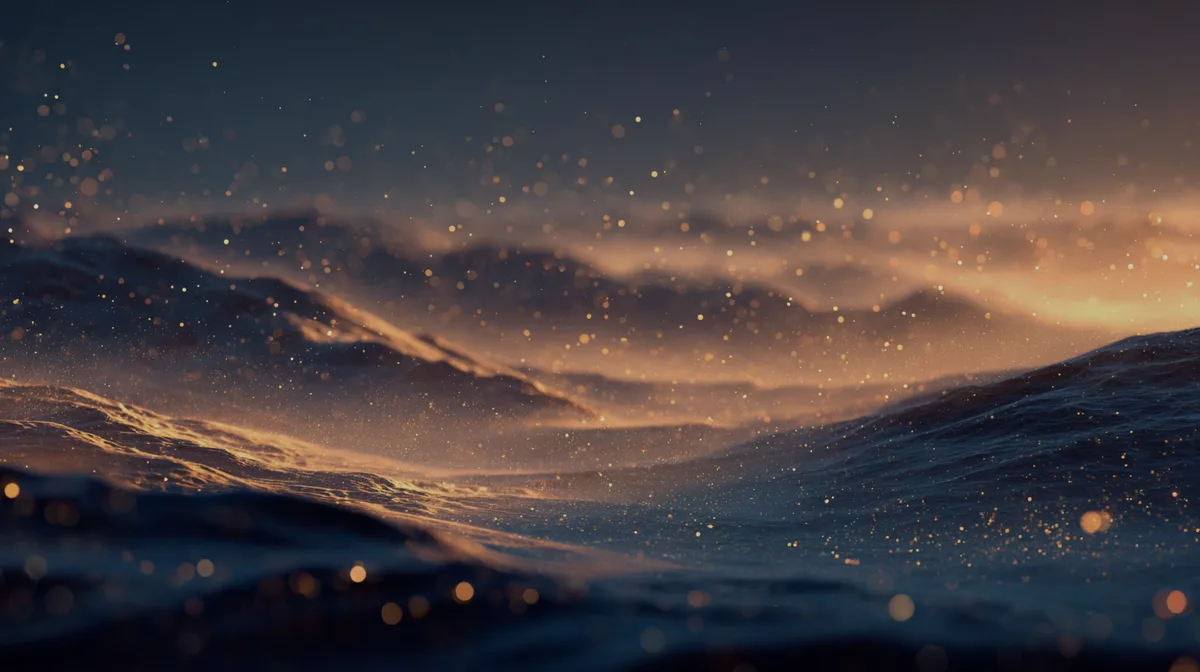 Icy winter landscape with golden sunrise on the horizon