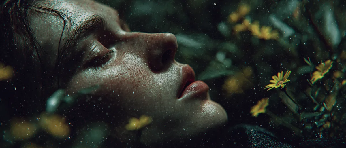 Person lying beneath deep space stars in a dreamlike field